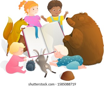 Bear fox rabbit animals reading a book with little Kids together. Funny back to school or first book pupils studying at school. Cute schoolboy and girl cartoon characters doing classes with animals.