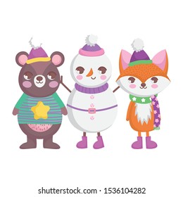bear fox and snowman with hats and scarf merry christmas vector illustration