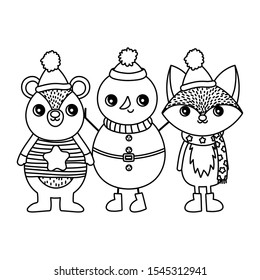 bear fox and snowman with hats and scarf merry christmas vector illustration thick line