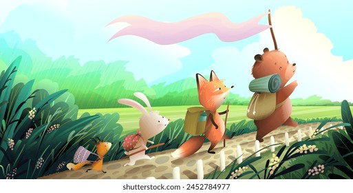 Bear fox squirrel and bunny on a journey in scenic rural path in forest landscape. Animal characters backpack adventures. Vector in watercolor colors for children book tales, summer exploration.