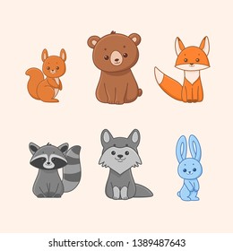 Bear, fox, wolf, squirrel, hare, raccoon - cartoon character for children. Vector illustration in cartoon style.