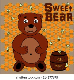 Bear freehand drawing with barrel of haney, surrounded by bees, honeycomb background, vector
