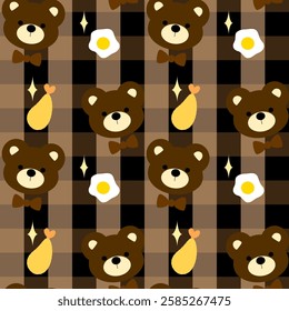 Bear, fried shrimp, fried egg on black and brown background, fabric pattern, gift wrapping paper pattern, notebook cover , seamless pattern 