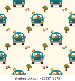 Bear and friend drive van cartoon so cute. On tree flower background. Pattern seamless vector illustration. 
