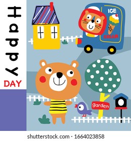 bear and friend play in the garden funny animal cartoon,vector illustration