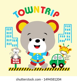 bear and friend are playing in the city, cartoon vector illustration