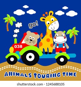 bear and friend ride the truck, cartoon vector illustration