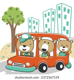 Bear and friends on the bus funny animal cartoon, Vector illustration. T-Shirt Design for children. Design elements for kids.