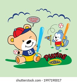 bear and friends playing baseball,vector cartoon illustration for print