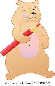 The bear is fun with a red pencil