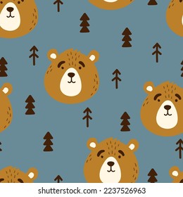 Сute bear funny animal face, head vector seamless pattern. Сartoon muzzle texture. Illustration for print on children's clothing, greeting cards, nursery, stationery, decor