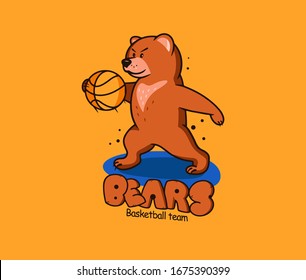 Bear funny, logotype. Sport animal logo and emblem. Grizzly bear cub character with ball. Basketball badge, sticker, label on blue background isolated. Vector illustration