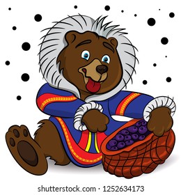 Bear in a fur coat with a national pattern. Bear loves berries. Yamal pattern. Vector image