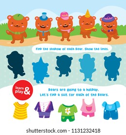 bear game. learn and play. Task to find objects for training of logical thinking. Find shadow and suit of each bear. Connect lines to match item. Vector isolated illustration. Hand draw