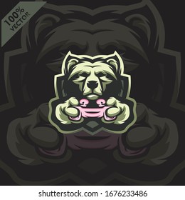 Bear Gamer holding Game-pad Joystick. Mascot logo design modern illustration concept style for badge, emblem, tshirt printing. Gamer illustration for esport team. Scalable and editable Vector.