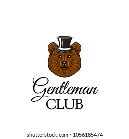 Bear gentleman. Top hat. Brown bear head. Gentleman club text. Vector illustration