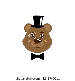 Bear gentleman. Top hat. Brown bear head. Gentleman club text. Vector illustration