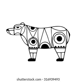 Bear with geometric pattern. Hand Drawn doodle vector illustration isolated on white background.