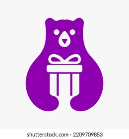 Bear Gift Box Logo Negative Space Vector Template. Bear Holding Gift Box Symbol