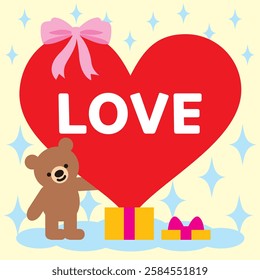 A bear with a gift box and a red heart