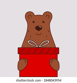 Bear and gift box. Vector illustration.