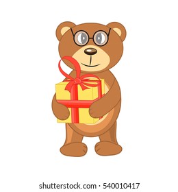 bear with a gift in hands on white background.