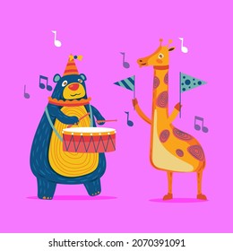 bear and giraffe character vector playing music
