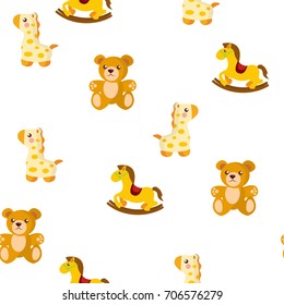 Bear and giraffe toy seamless pattern background of kid cartoon decoration tracery. Child teddy bears and horses tile for greeting card, wrapping paper or wallpaper textile design. Vector illustration
