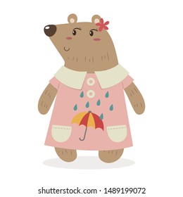 Bear girl with clothes and accessories cartoon. Cute bear cartoon vector illustration isolated on white background. Teddy bear wearing pink dress. 