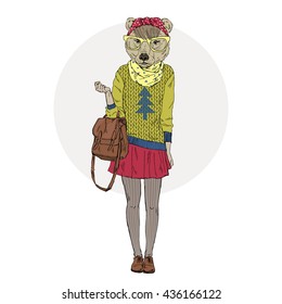 bear girl hipster with bag, furry art illustration, fashion animals