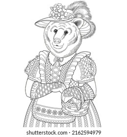 Bear girl portrait. Fantasy animal coloring book page for adults