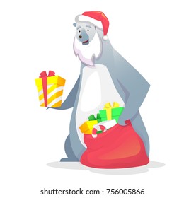 Bear gives Christmas presents. Bear in Santa Claus hat