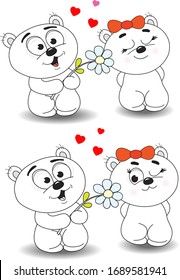 Bear gives a flower to his girlfriend, greeting card