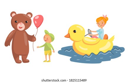 Bear Giving Balloon to Boy and Girl Riding Duck Vector Illustration Set