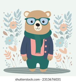 bear with glasses character in flat style, isolated vector