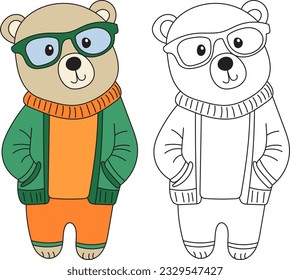 bear with glasses childrens coloring book, vector