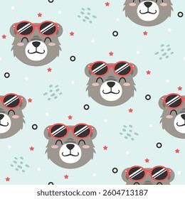 Bear with glasses hand drawn seamless pattern designs for print on fabric and other uses.