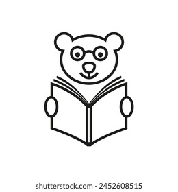 Bear with glasses reading a book and holds her in his paws. Vector on white background.