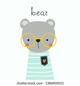 Bear with glasses. Vector illustration, with the image of an animal, for printing on a postcard, poster, banner, packaging paper, fabric. Cute baby background.