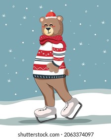 The bear goes ice skating in the winter on the ice rink. Holiday. Merry christmas and a happy new year! 2022 year of the tiger. Snowfall. Blue background. Cartoon style. Animal. Funny card.Vector.