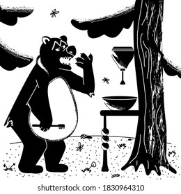 The bear goes to the sink to brush his teeth.  Black and white illustration. Vector
