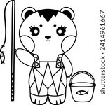 Bear is going fishing cute vector art.
