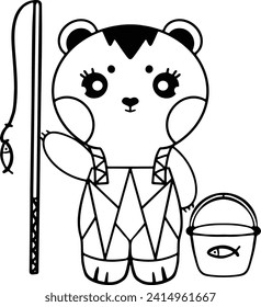 Bear is going fishing cute vector art.