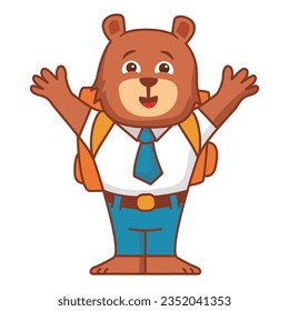 A bear going to school.Cute bear cub schoolboy cartoon character.Kid kawaii animal go to school.Isolated on white background.Line art vector illustration.