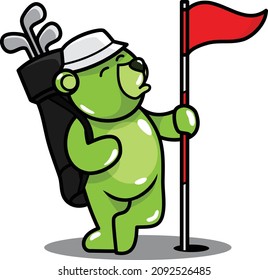 Bear Golfer Character Holding Flag