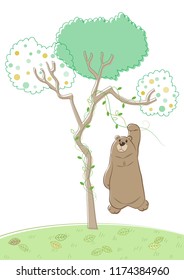 A bear grabs woody vines hanging from tree vector cartoon  Cute pastel bear cartoon vector illustration  