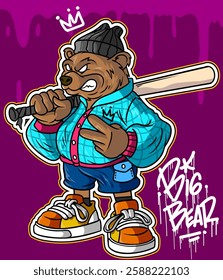 Bear Graffiti Cartoon Character. Bear Illustration holding baseball stick, wear jacket and beanie hat