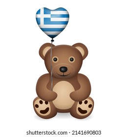 Bear with Greece flag heart balloon on a white background. Vector illustration.