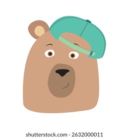 Bear in a green baseball cap. Vector illustration.