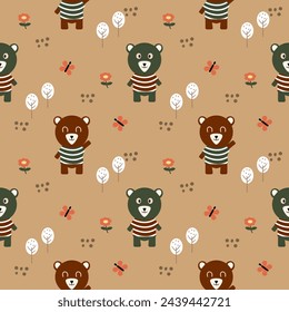 Bear green and brown cartoon so cute. On flower tree butterfly background. Pattern seamless vector illustration. 